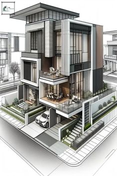 an architectural drawing of a modern house with lots of windows and balconies on the second floor