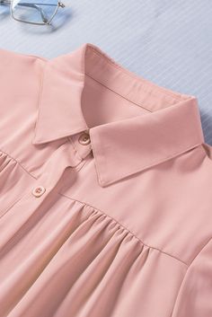 Pink Solid Button-up Loose Long Sleeve Shirt Solid Button-up Blouse With Placket, Pink Solid Color Button-up Shirt, Pink Solid Color Shirt For Workwear, Spring Blouse With Lapel Collar In Solid Color, Solid Collared Blouse With Roll-up Sleeves, Collared Office Blouse With Roll-up Sleeves, Office Blouse With Collared Roll-up Sleeves, Solid Color Blouse With Spread Collar And Button Closure, Office Blouse With Roll-up Sleeves And Collared Shape