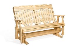 a wooden bench with hearts carved on it's back and arms, sitting in front of a white background