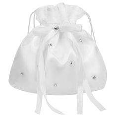 a white satin bag with silver buttons on the front and side, tied in a bow