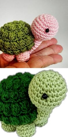 crocheted turtle with pink shell and green shell in hand next to photo of stuffed turtle