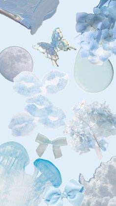 blue and white items floating in the air on a clear day with moon, clouds, and butterfly