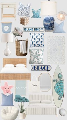 a collage of blue and white items including a surfboard, lamp, bed, mirror, pillows, lampshade