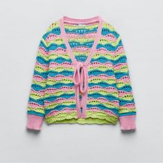 Zara Crochet Knit Sweater Nwt Pink Neon Green & Blue Multicolor Open Knit Spring Cardigan, Spring Multicolor Knitted Cardigan, Spring Multicolor Open Knit Cardigan, Summer Knitted Pink Sweater, Trendy Pink Knit Crochet Top, Pink Knit Sweater For Summer, Summer Pink Knit Sweater, Trendy Pink Crochet Knit Top, Trendy Crochet Sweater For Spring