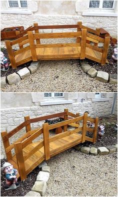 two pictures of a wooden bench made out of rocks and wood planks, with the bottom