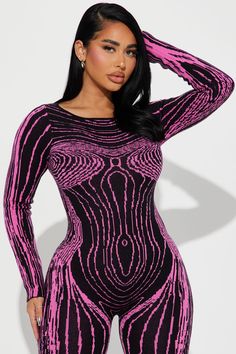 Available In Black/Pink. Sweater Jumpsuit High Neck Long Sleeve Hidden Back Zipper Legging Stretch Disclaimer Pattern Placement May Vary 50% Rayon 30% Polyester 20% Nylon Imported | See Through You Sweater Jumpsuit in Black/Pink size XL by Fashion Nova Black Pink Fashion, Zipper Leggings, Performance Outfits, Sweater Jumpsuit, Stage Performance, High Neck Long Sleeve, Performance Outfit, Black Jumpsuit, Pink Sweater