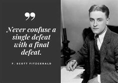 a man sitting at a desk in front of a black and white photo with a quote from f scott fitzgerald