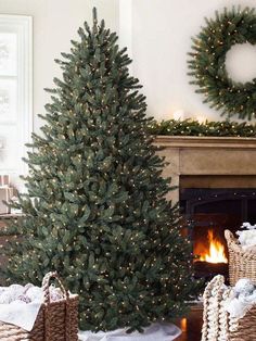 two christmas trees in wicker baskets next to a fireplace