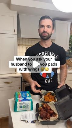 a man standing in front of a table with food on it and the words'when you ask your husband to ask you pads, why? '