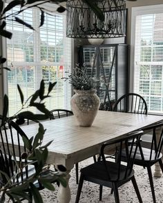 a dining room table with chairs and a potted plant in the middle of it