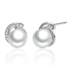 Material: 925 Sterling Silver, Platinum Plated, Imitation Pearl, Cubic ZirconiaSize: 1cm by 1cmWeight: 1.7g per pairDesign: Pearl and Crystals Stud EarringsColor: White, Silver Womens Earrings Studs, Crystal Stud Earrings, Pearl Stud Earrings, 925 Jewelry, Sterling Silver Studs, Sterling Silver Earrings Studs, 925 Sterling Silver Earrings, Silver Pearls, White Pearl