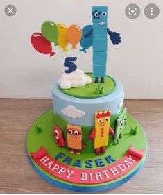 a birthday cake with an image of two cartoon characters on top and balloons in the air