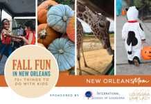 an orange and white flyer with photos of people in costumes, pumpkins, and giraffes