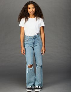 Rsq High Rise Wide Leg Jeans. Zip Fly And Button Closure. Belt Loop Waist. Traditional Five Pocket Styling. Rips At The Knees. Raw Wedge Hem. Slight Distressing At Pockets. High Rise. Wide Legs. Approx. Inseam: 27''. 100% Cotton. Machine Wash. Imported. | Rsq Girls High Rise Wide Leg Jeans Boyfriend Jeans Kids, Pre Teen Outfits Girl, Jeans For Girls 10-12, Preppy Tops For School, Preteen Fashion For Girls, Pre Teen Girls Outfits, Preteen Outfits For Girls, Pre Teen Girl Outfits, Lexi Outfits