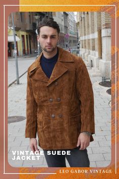 1990s Brown Italian Double-Breasted Leather Coat: Size Large, 44 US/UK #vintage #retro #mensfashion #mensstyle #mensoutfit Vintage Suede Jacket, Vintage Suede, Vintage Clothing Men, Brand Label, Notch Collar, Double Breasted Jacket, Warm Brown, Suede Jacket, Soft Suede