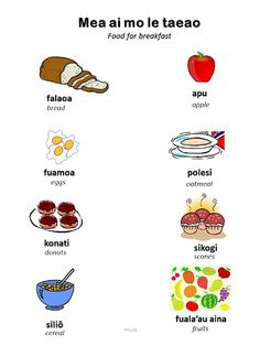 an image of food in spanish with words and pictures on the bottom right hand corner