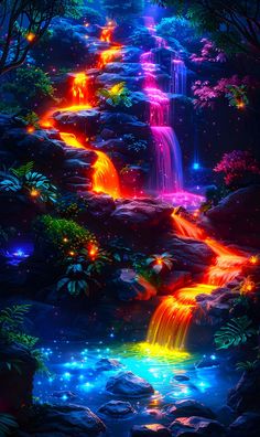 the waterfall is lit up with colorful lights and water flowing down it's side