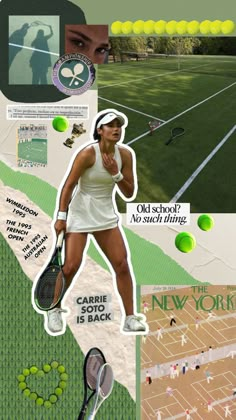 a collage of tennis players and their names on the side of a court with green balls