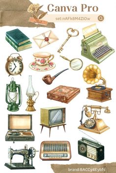 an old fashioned computer and other items are depicted in this watercolor painting on paper