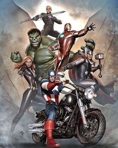 an image of the avengers and their family on a motorbike with captain america in the background