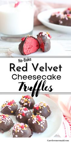 red velvet cheesecake truffles with chocolate frosting and sprinkles