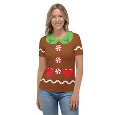 a women's t - shirt with candy canes and hearts on the front