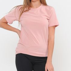 Plain Round Neck Short Sleeve Top Color: Dusty Pink 95% Cotton 5% Spandex Hand Wash, Hang Dry Made In Usa Small 0-4 Medium 6-8 Large 10-12 X-Large 12-14 Trendy Solid Color Elastane T-shirt, Pink Short Sleeve Top In Elastane, Pink Short Sleeve Elastane Top, Athleisure Elastane T-shirt, Basic Solid Color Activewear, Basic Solid Activewear For Spring, Basic Elastane T-shirt For Spring, Spring Short Sleeve Activewear, Casual Crew Neck Activewear