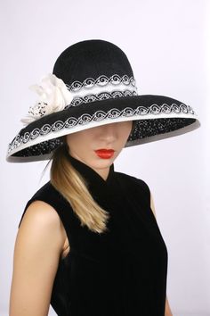 Elegant black lace extra wide brim Royal Ascot hat, Kentucky derby, Melbourne cup hat. This black oversize brim lace hat will be perfect for hot summer days. Edwardian wide brim hat from Downton abbey. A gorgeous extra wide brim sinamey hat is made from 2 layers highest quality black sinamey and 1 layer black cotton lace between them with astonishing decoration from large cream flower. The wide brim make it really special and almost all face types. The hat is hand blocked on a wooden block and hand stitched to perfection in Irina Sardareva millinery atelier. It is great to wear on Derby races, Cocktail parties, Weddings, Tea parties, etc. This hat is MADE TO ORDER so give us 7 working days to make it! ♠ COLORS - this hat can be made in Black, White or Cream. ♠ SIZES  - This hat is 21 7/8 i Polo Hats, Types Of Hats For Women, Classy Hats, Hat Tea Party, Royal Ascot Hats, Ladies Hats, Couture Hats, Ascot Hats, Women Hats Fashion