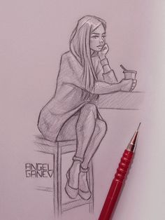 a pencil drawing of a woman sitting at a table with a cup in her hand