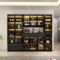 a room with shelves filled with bottles and liquors on top of each shelf is lit by recessed lights