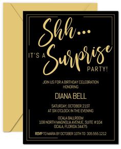 a black and gold surprise birthday party card