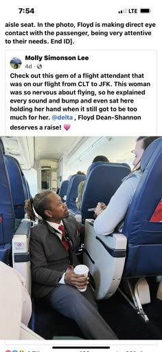 a woman sitting in an airplane with her feet up on the seat and another person holding a cup