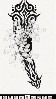 a black and white drawing of a bird with flowers on it's back side