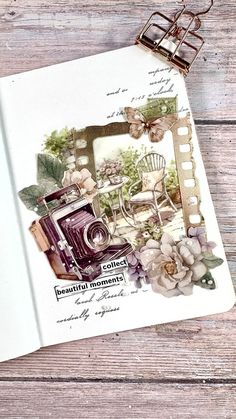 an open book with pictures and flowers on it next to a pair of eyeglasses