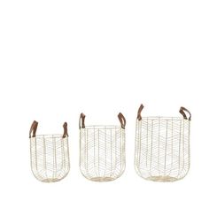 three white wire baskets with brown handles on each side, one holding two small birds