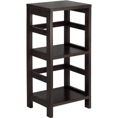 a wooden shelf with three shelves on one side and an end table on the other