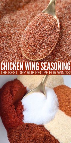 spices separated in bowl and mixed together in another bowl with gold spoon Dry Rub Seasoning For Chicken Wings, Oven Smoked Chicken Wings, Wing Spice Rub, Dry Seasoning For Chicken Wings, Chicken Wing Seasoning Dry Rubs Air Fryer, Dry Rub For Chicken Wings Oven Baked, Chicken Wing Rub Dry Grill, Chicken Wings Dry Rub Recipes, Chicken Wing Rubs