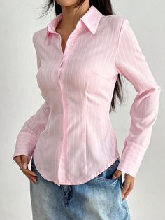 Multicolor Casual Collar Long Sleeve Woven Fabric Plain,Striped Shirt Embellished Non-Stretch  Women Clothing Women Striped Shirt Outfit, 6form Outfits, Pink Shirt Outfit Ideas, Pink Striped Shirt Outfit, Pink Blouse Outfit, Long Sleeve Blouse Outfit, Pink Long Sleeve Outfit, Pink Shirt Outfit, Form Outfits