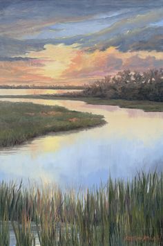 an oil painting of a sunset over a marshy area with reeds and grass