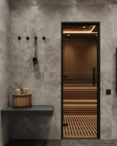 a bathroom with a wooden sauna in it