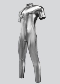 This striking futuristic metallic bodysuit is designed to turn heads and make a bold fashion statement. Featuring a high neckline, short sleeves, and a front zipper for easy wear, this sleek and form-fitting one-piece garment exudes confidence and style. The shiny, reflective fabric adds a space-age aesthetic, making it perfect for themed parties, performances, or any event where you want to showcase a daring and avant-garde look. Space Age Aesthetic, Pantyhose Skirt, Age Aesthetic, Metallic Leotard, Romper Men, Kids Leotards, Reflective Fabric, Metallic Bodysuit, Leotard Dress