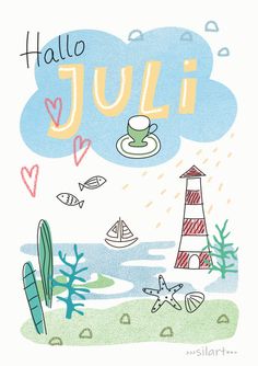 a card with the words hello julia written on it and an image of a lighthouse