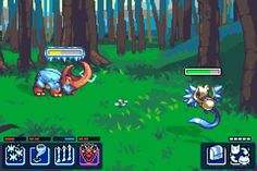 an animal in the middle of a forest with trees and bushes around it, while another animal is on the other side of the screen