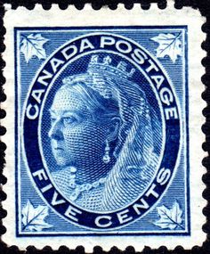 canada postage stamp with the image of queen victoria, on it's blue and black background