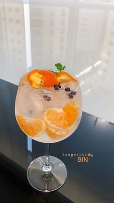 an orange and blueberry gin cocktail with garnishes on the rims