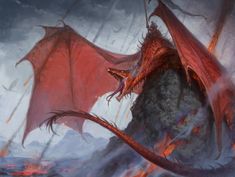 a red dragon sitting on top of a rock in the middle of a storm filled sky