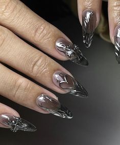 Almond Nails Y2k, Long Nails Almond, Chrome Nail Design, Rave Nails, Nails With Silver, Chrome Nails Designs, Custom Press On Nails, Gothic Nails