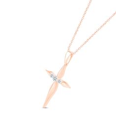 Three round diamonds shine at the center of this beautiful cross necklace. Styled in 10K rose gold with tapered points, the necklace has a total diamond weight of 1/10 carat. The pendant sways from an 18-inch cable chain that secures with a spring ring clasp. Diamond Cross Necklace, Beautiful Cross, Diamond Cross, Cross Jewelry, Cable Chain, Spring Rings, Round Diamonds, Cross Necklace, Cable