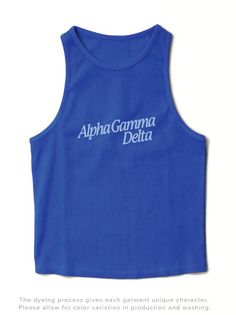 Product Color Varsity Blue Product Details University Tees UT009 Ribbed high-neck tank top Product Description Elevate your sorority wardrobe with our Varsity Blue Slanted Matching Set Tank. Crafted from the softest fabric, this tank provides ultimate comfort and style, making it a staple year round. Embrace the perfect blend of warmth and breathability with this must-have addition to your collection Note: This product is designed for a comfortable and breathable fit. It is intentionally crafted Blue Cotton Racerback Top, Sorority Names, Theta Phi Alpha, Alpha Omicron Pi, Alpha Gamma Delta, University Tees, High Neck Tank Top, Weather Day, High Neck Tank