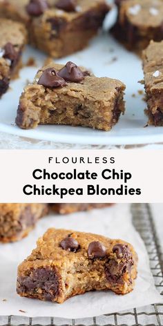 chocolate chip chickpea blondies are stacked on top of each other